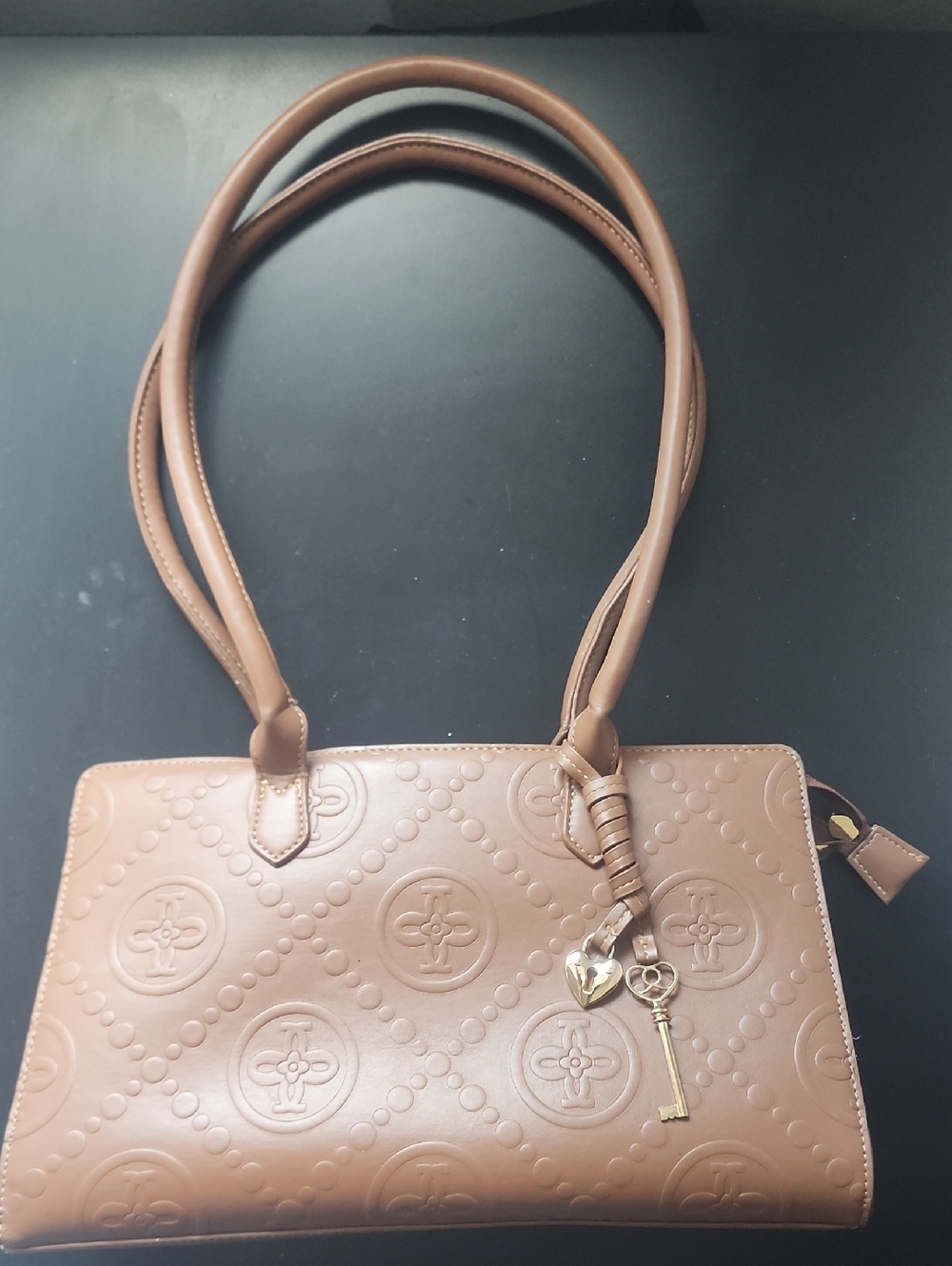 Embossed Brown Shoulder Bag with Gold Key Charm